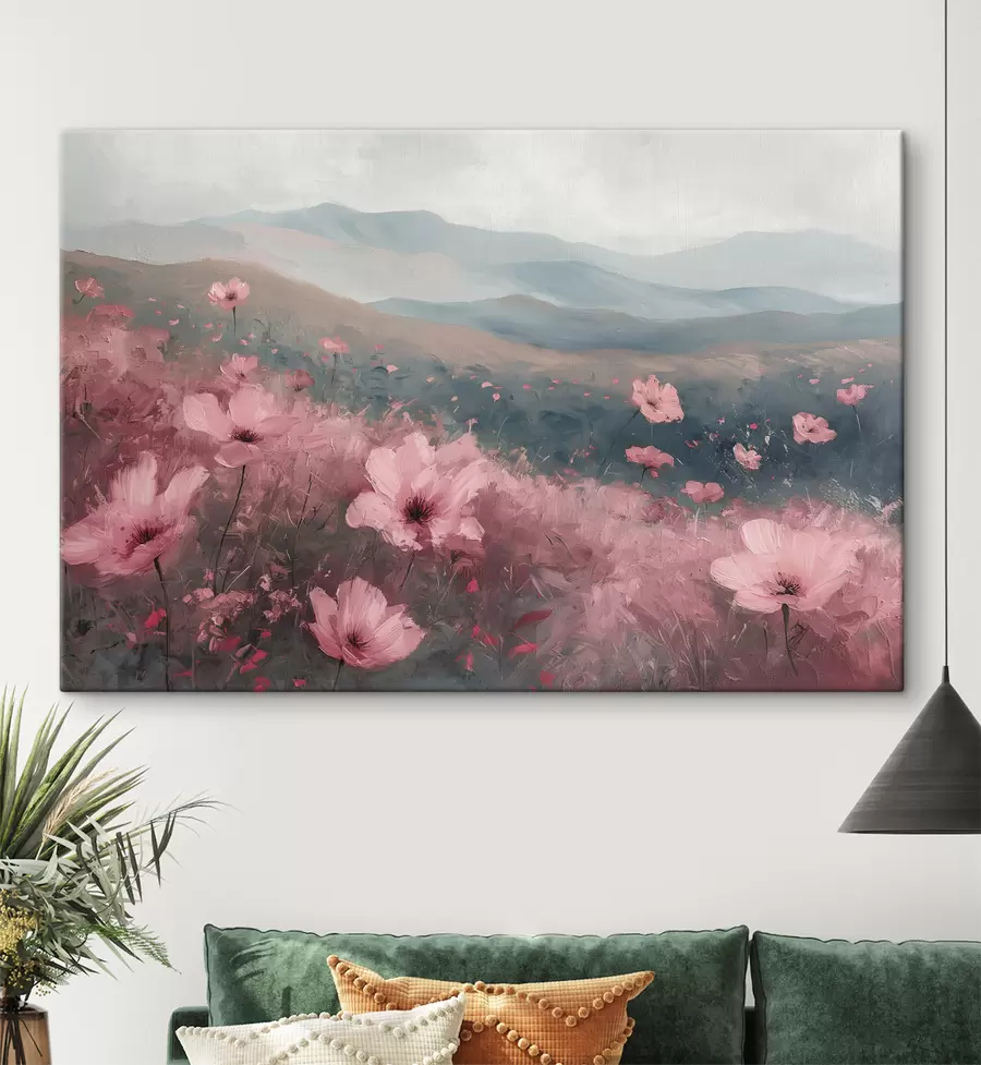 wall murals Pink flowers in the meadow, nature landscape, mountains, oil painting, vivid brush strokes s40233
