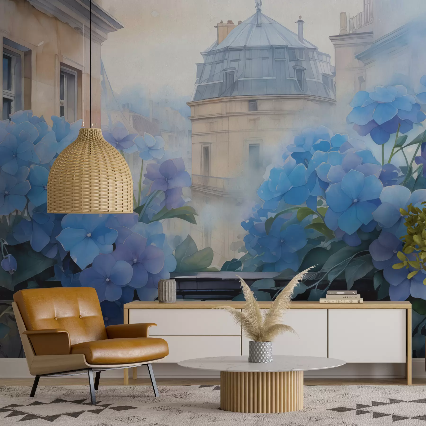 murais de parede Hortênsia azul florescendo na varanda com vista para edifícios aquarela w01439