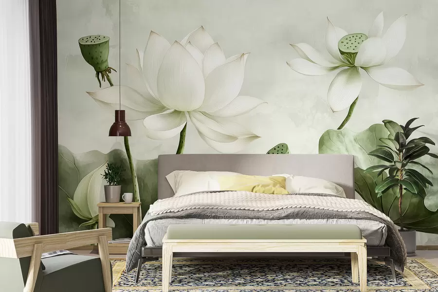 peintures murales Fleurs de lotus, aquarelle, nature, composition florale, grandes feuilles, couleurs vertes douces w01445v2