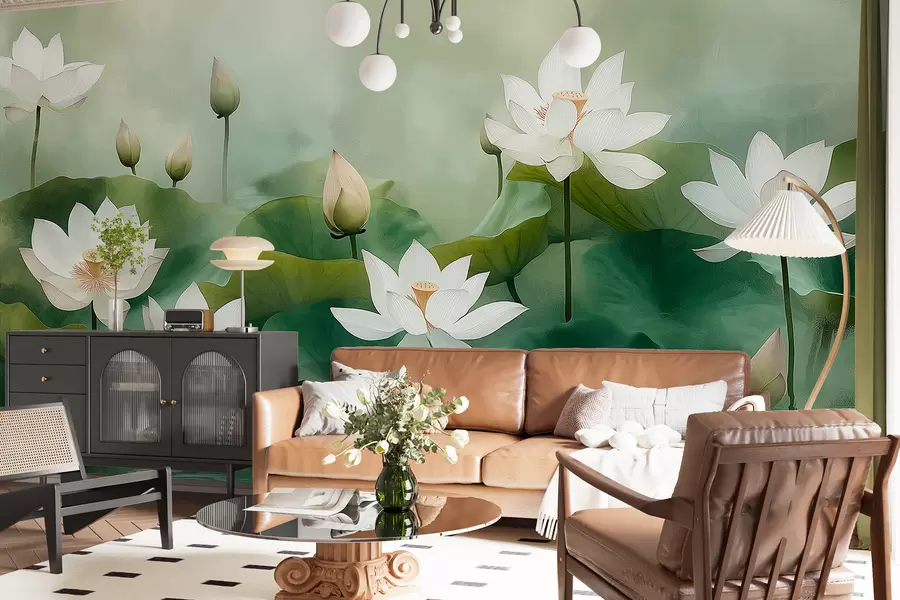 Wall Mural Photo Wallpaper Lotuses in the lake, nature, mist, acrylic drawing, big leaves, jungle, soft natural colors w01450