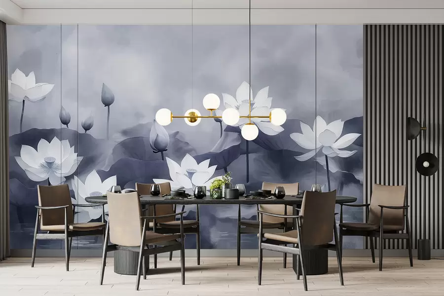Wall Mural Photo Wallpaper Lotuses in the lake, nature, mist, acrylic drawing, big leaves, jungle, soft grey colors w01450v1