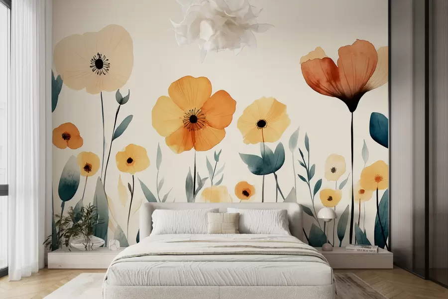 murais de parede Flores de prado em aquarela, rústica, composição floral, desenho simples, bege, laranja, azul  w01453