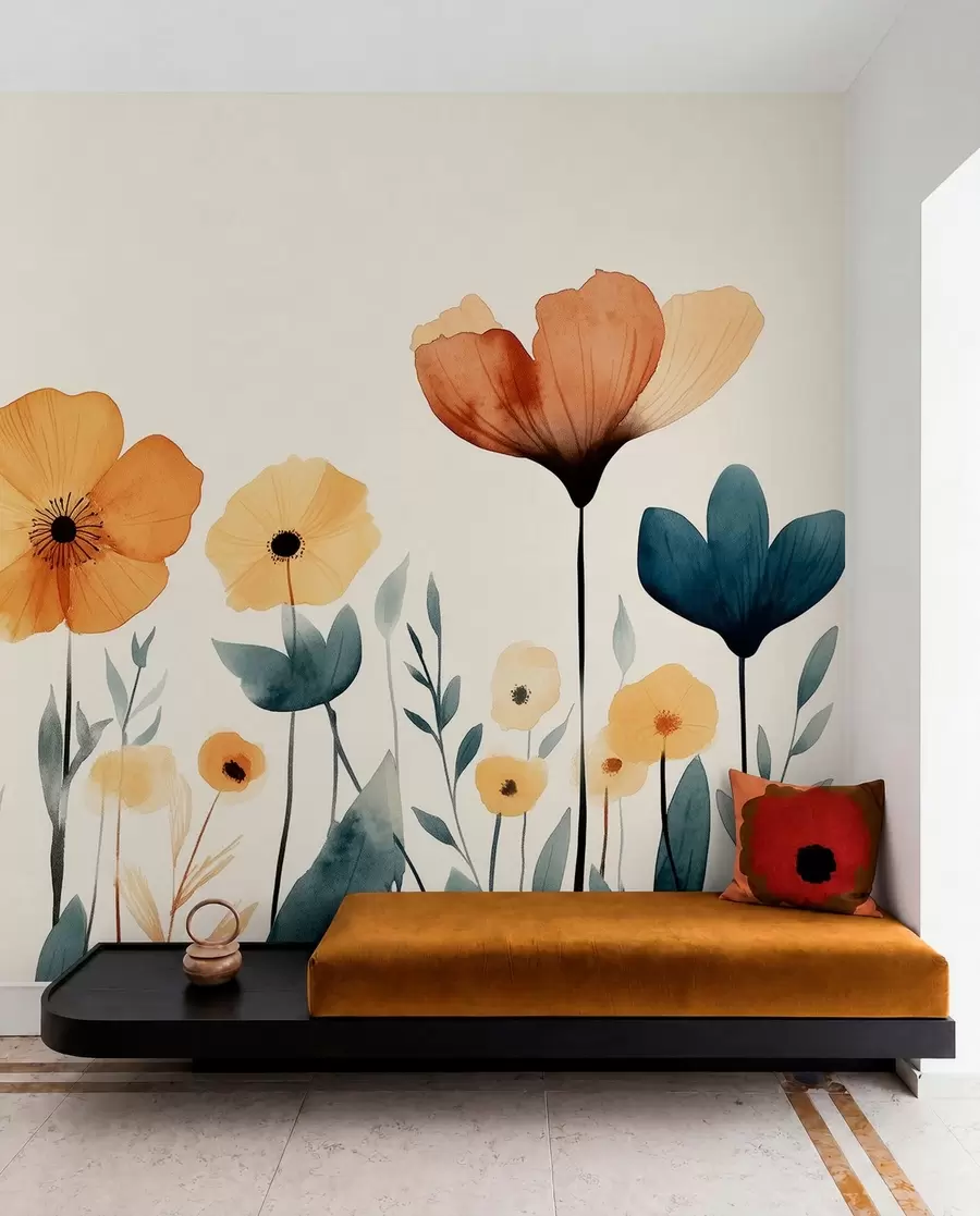 Wall Mural Photo Wallpaper Watercolor meadow flowers, rustic, floral composition, simple drawing, beige, orange, blue  w01453