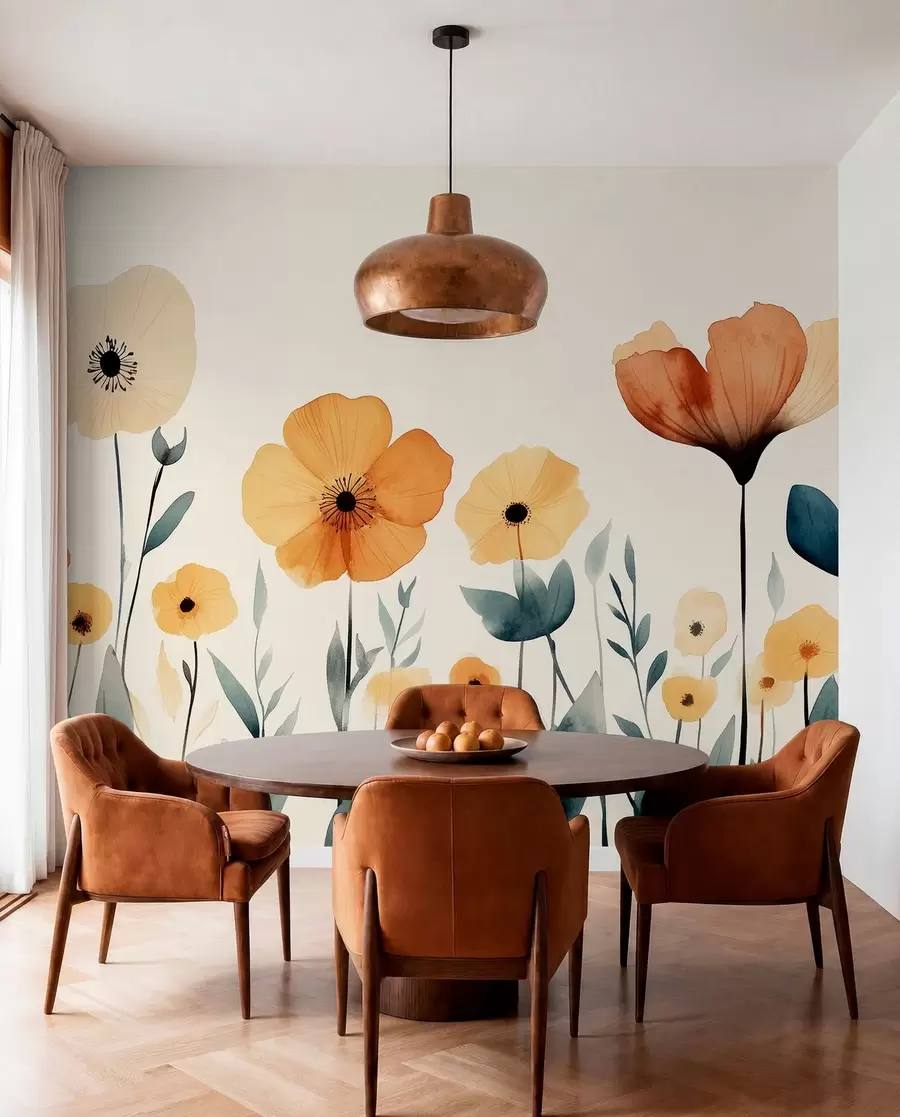 Wall Mural Photo Wallpaper Watercolor meadow flowers, rustic, floral composition, simple drawing, beige, orange, blue  w01453