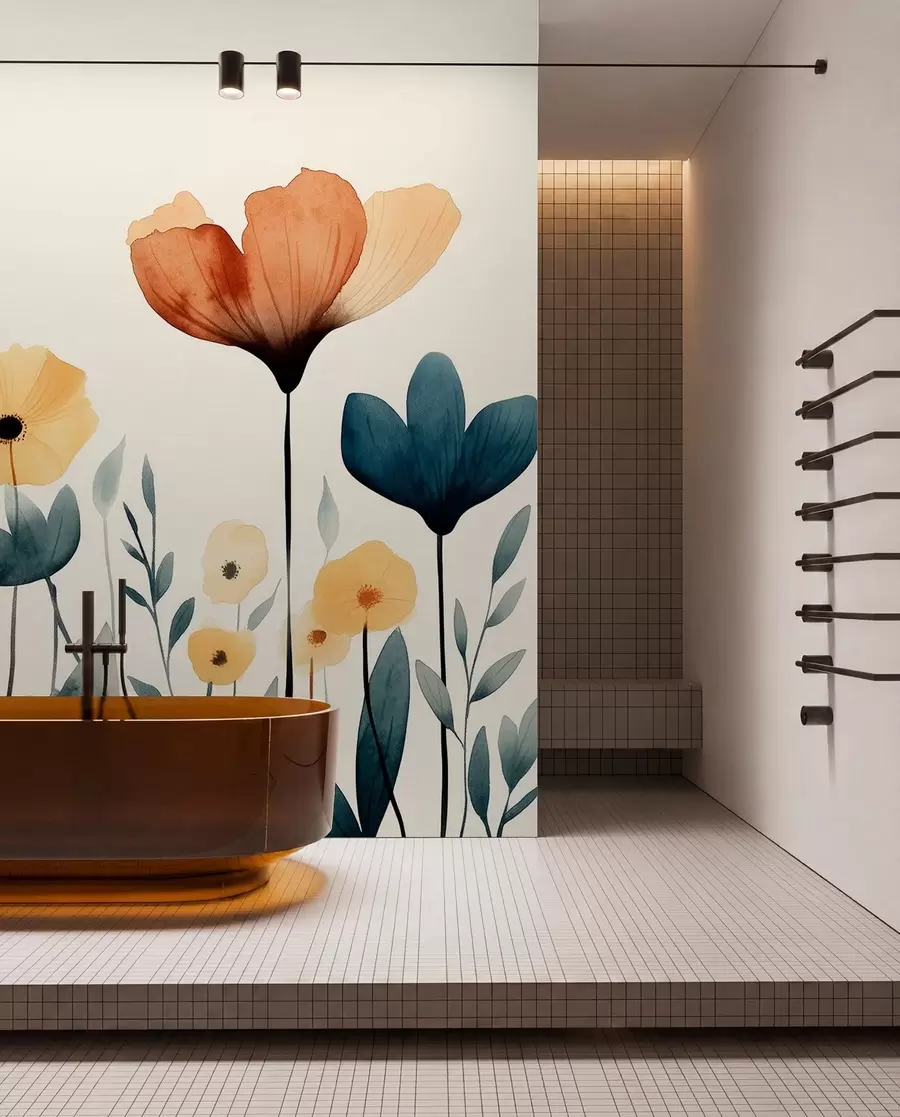 peintures murales Fleurs des prés à l'aquarelle, rustique, composition florale, dessin simple, beige, orange, bleu w01453