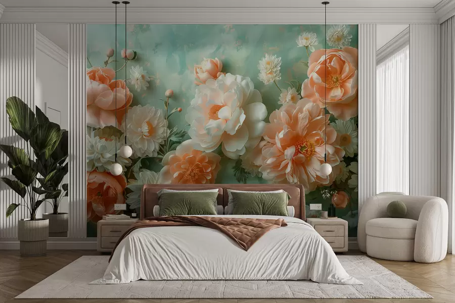 Wall Mural Photo Wallpaper Soft composition of peonies and chrysanthemums on an emerald background w01426