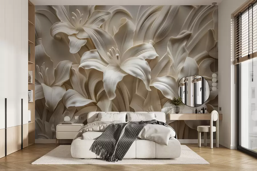 Wall Mural Photo Wallpaper Elegant beige 3d relief of carved lilies w01433