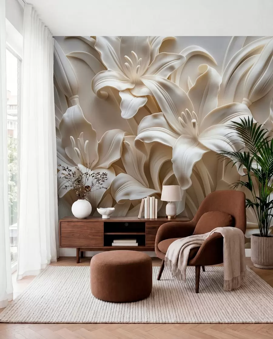 Wall Mural Photo Wallpaper Elegant beige 3d relief of carved lilies w01433