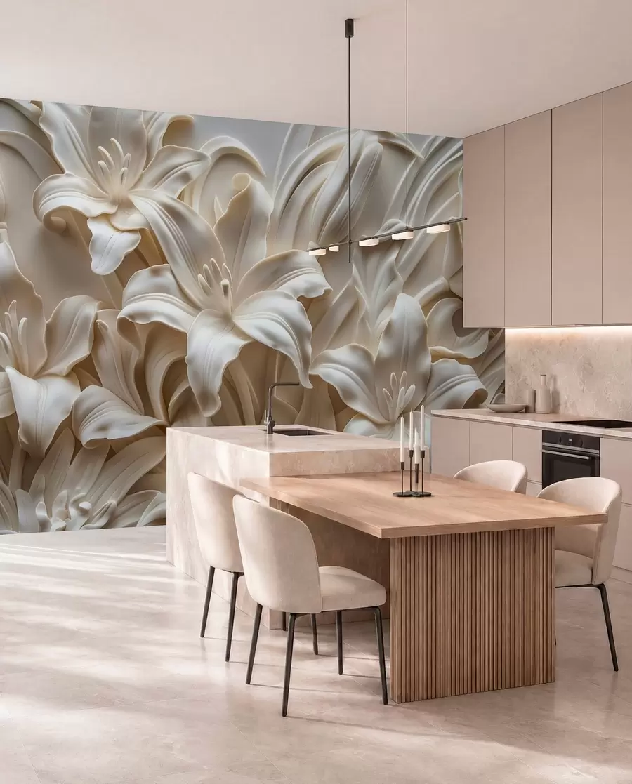 peintures murales Élégant relief 3D beige de lys sculptés w01433