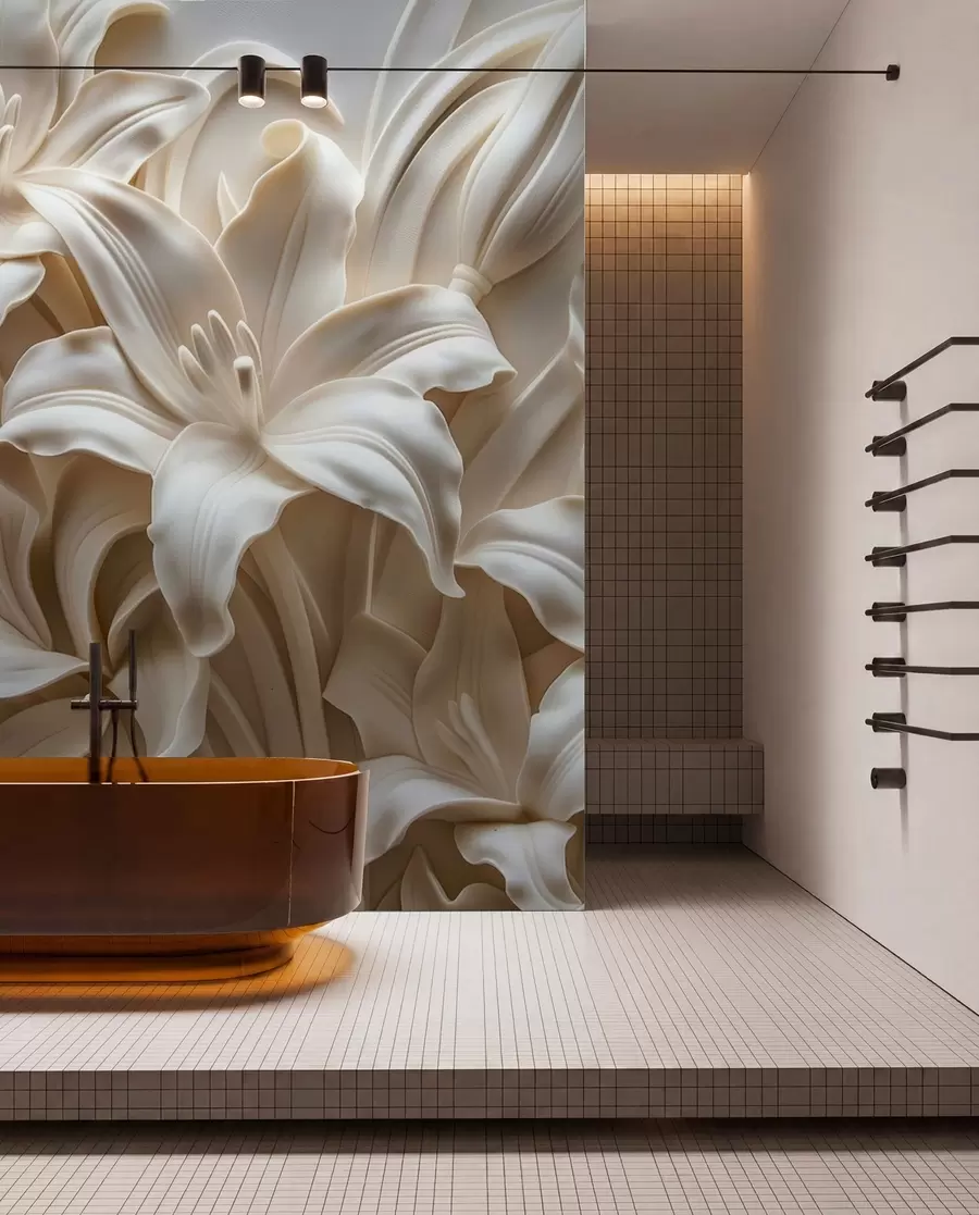 wall murals Elegant beige 3d relief of carved lilies w01433