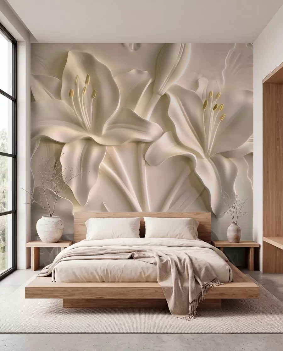 wall murals Bas-relief of large beige lilies w01434