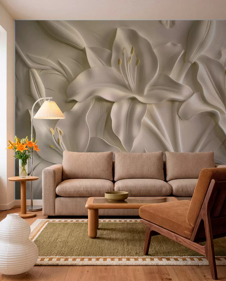 Wall Mural Photo Wallpaper Bas-relief of large beige lilies w01434