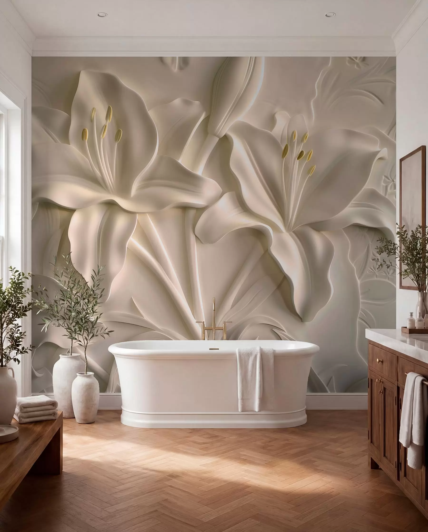 peintures murales Bas-relief de grands lys beiges w01434