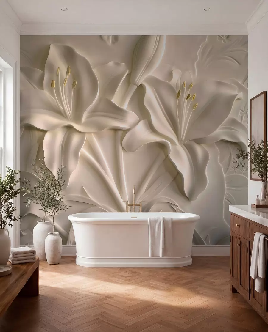 wall murals Bas-relief of large beige lilies w01434