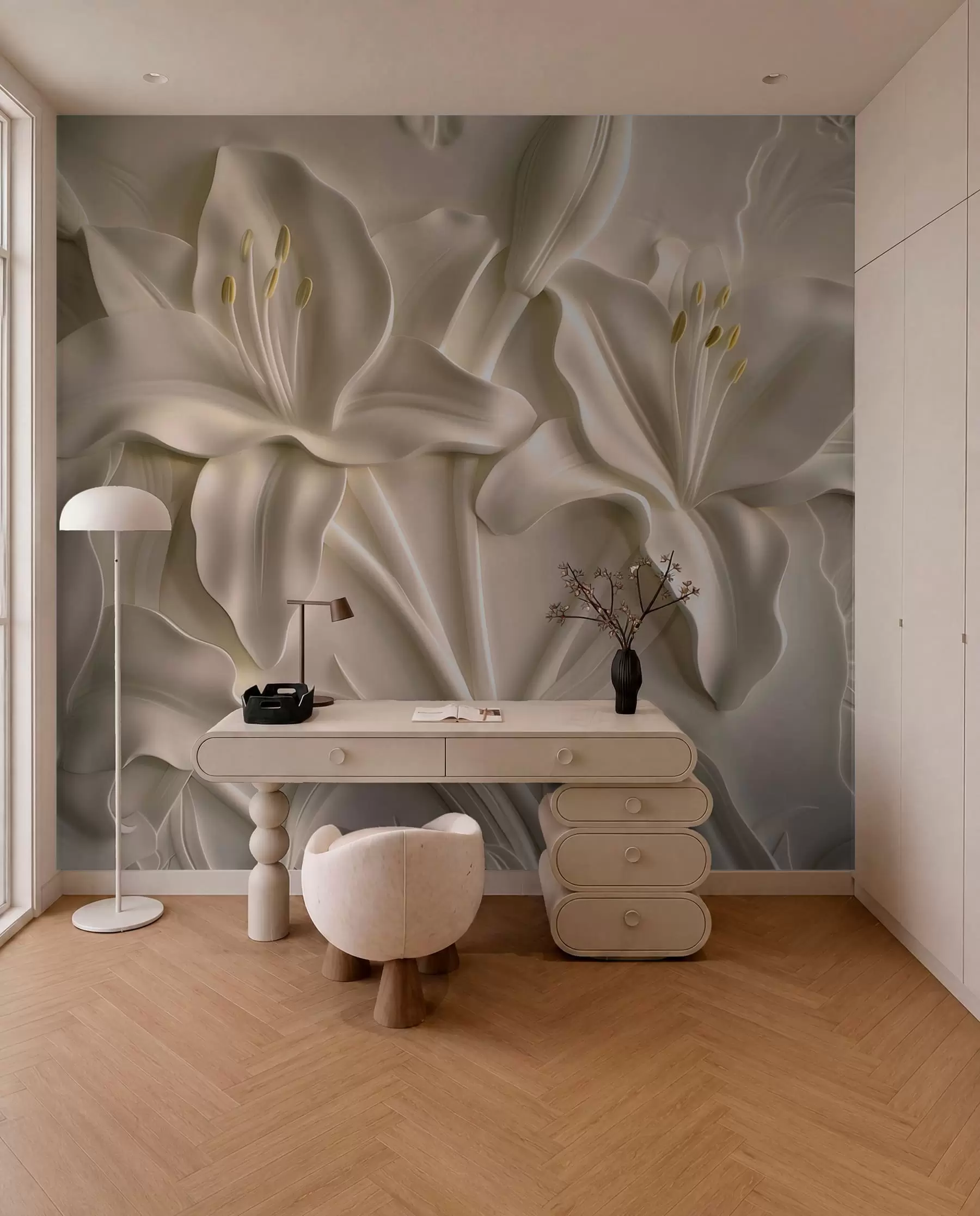 wall murals Bas-relief of large beige lilies w01434