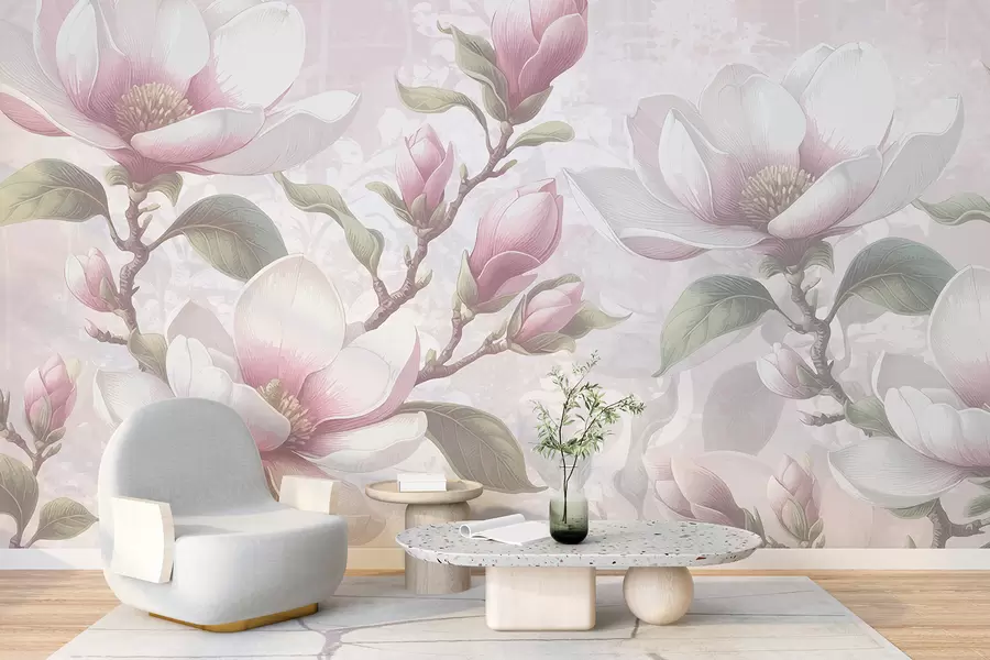 murais de parede Delicadas flores de magnólia rosa em plena floração contra um fundo suave e desfocado w08216