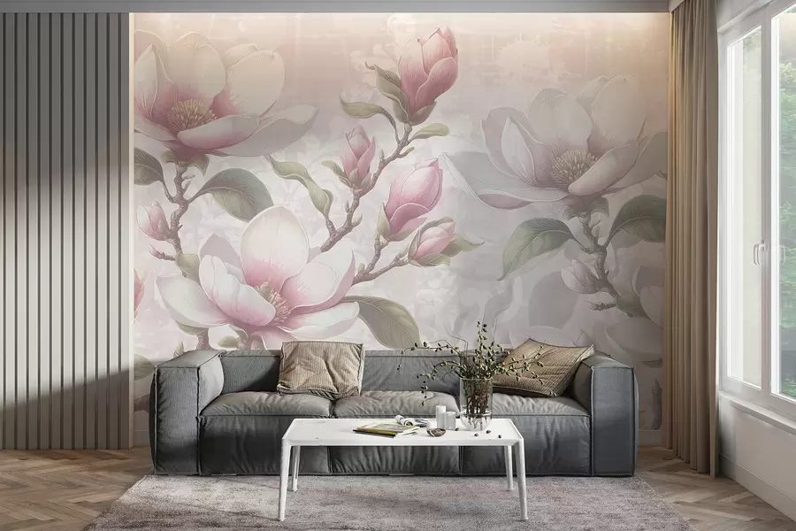peintures murales De délicates fleurs de magnolia rose en pleine floraison sur un fond doux et flou w08216