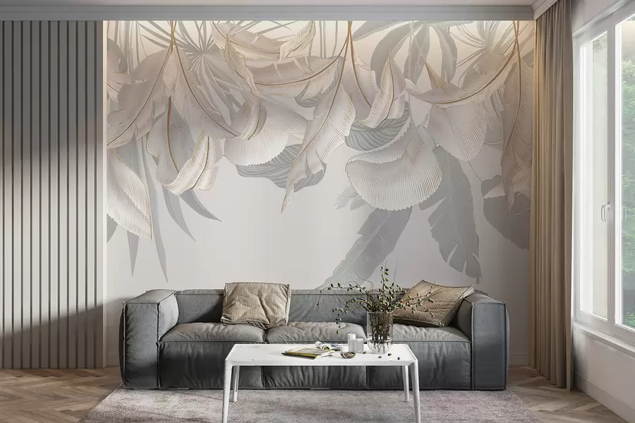 murales Delicadas hojas tropicales florales blancas y grises que crean un fondo suave y etéreo w08217