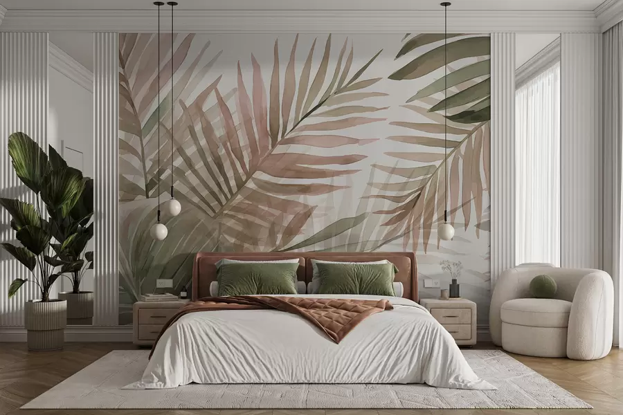 murais de parede Folhas de palmeira em aquarela em vários tons de verde e rosa sobre um fundo claro w08218