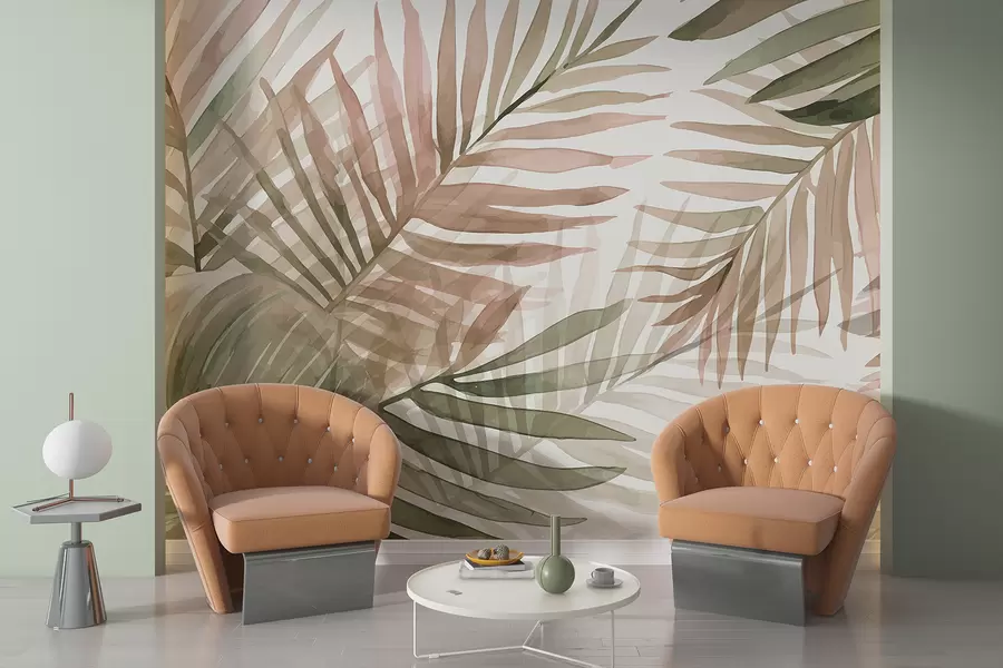 murales Hojas de palmera en acuarela en varios tonos de verde y rosa sobre un fondo claro w08218