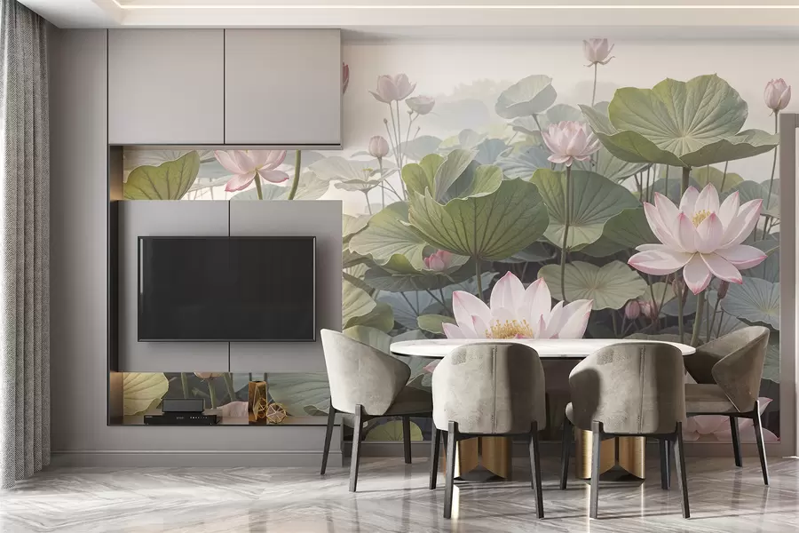 murales Flores de loto rosas y blancas con grandes hojas verdes, rodeadas de un fondo atmosférico y brumoso w08221