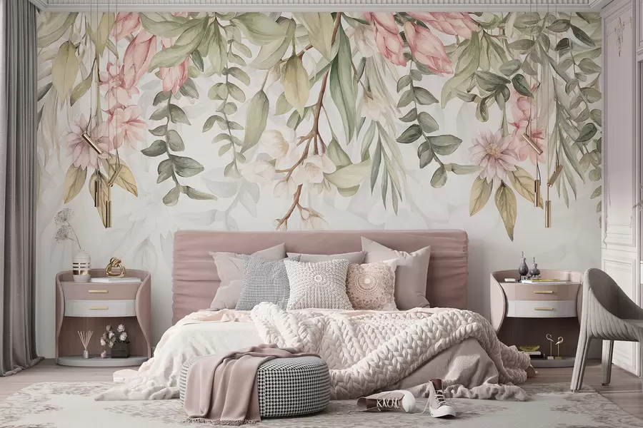 murais de parede Flores delicadas rosa e brancas com folhas e caules verdes sobre um fundo claro w08222