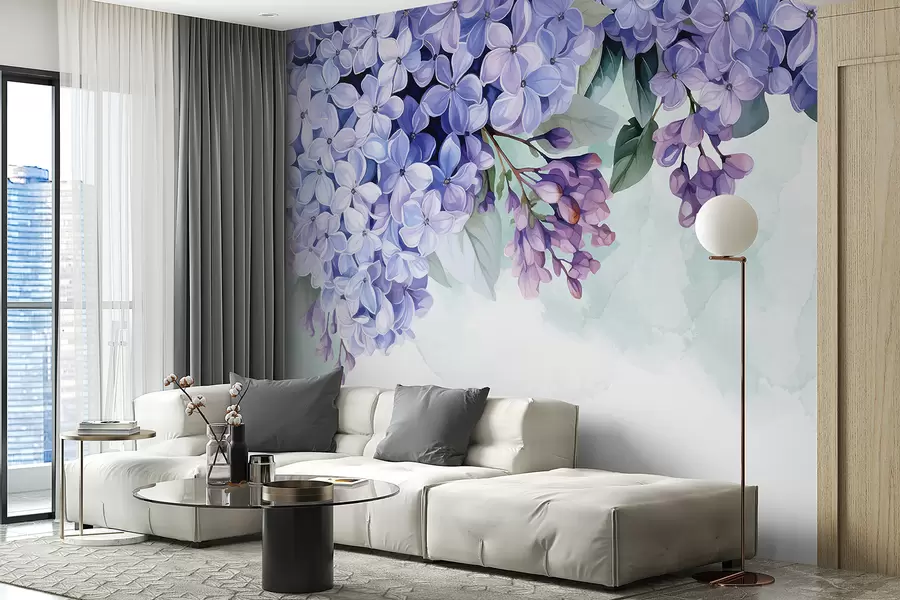 Wall Mural Photo Wallpaper Vibrant purple hydrangea flowers with green leaves, filling the frame against a soft, blurred background w08223