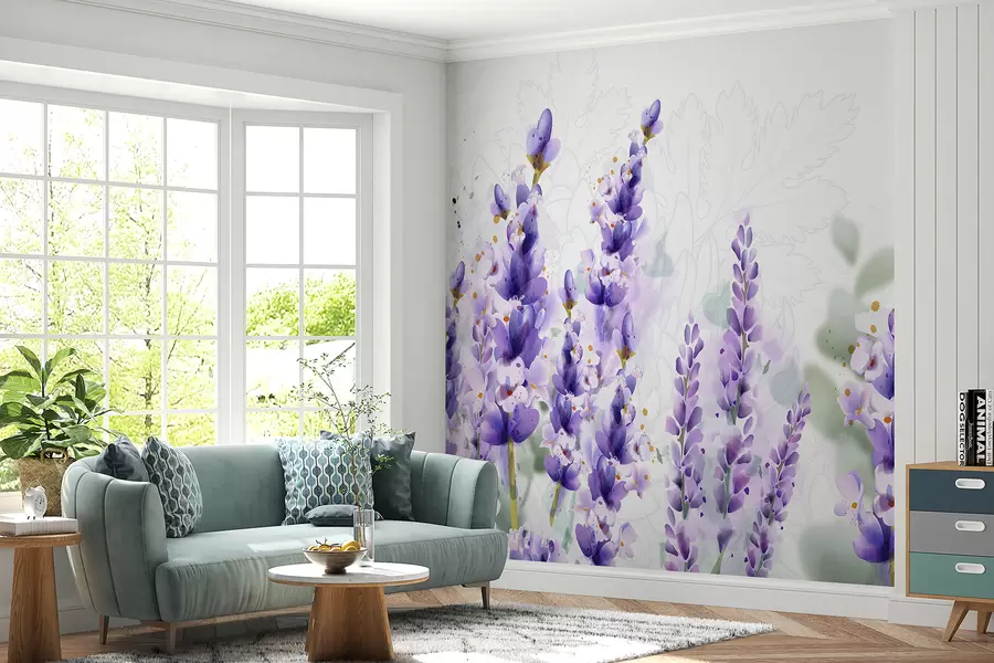 Wall Mural Photo Wallpaper Purple lavender flowers in a field, with soft focus and blurred background w08231