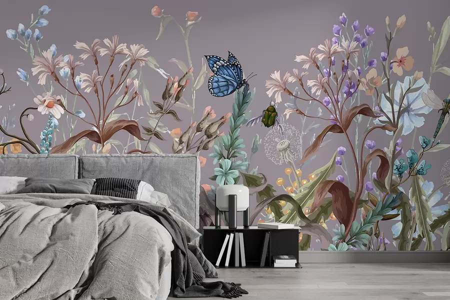 Wall Mural Photo Wallpaper A colorful violet illustration of a lush, flower garden scene with insects in a dreamlike, fantastical style w08234v1