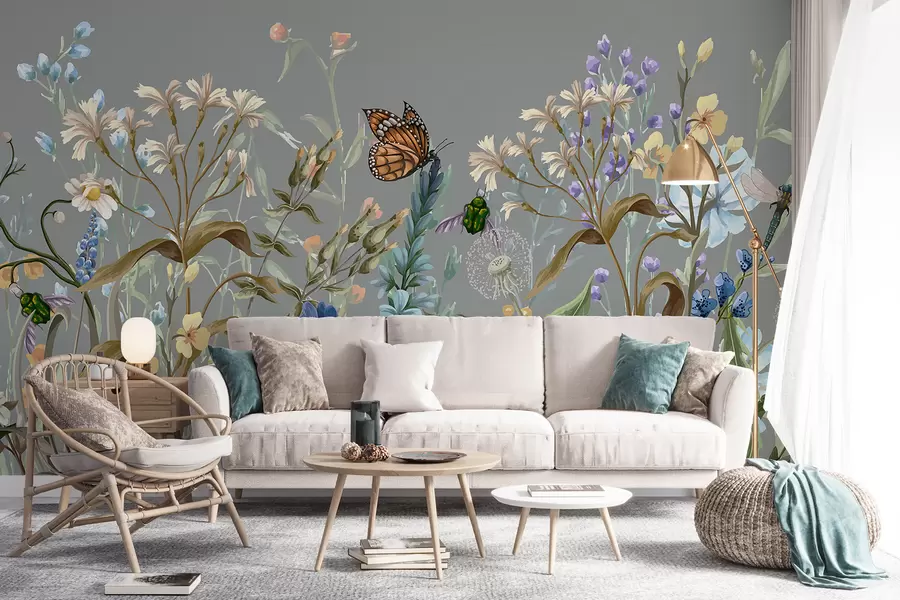Wall Mural Photo Wallpaper A colorful blue illustration of a lush, flower garden scene with insects in a dreamlike, fantastical style w08234