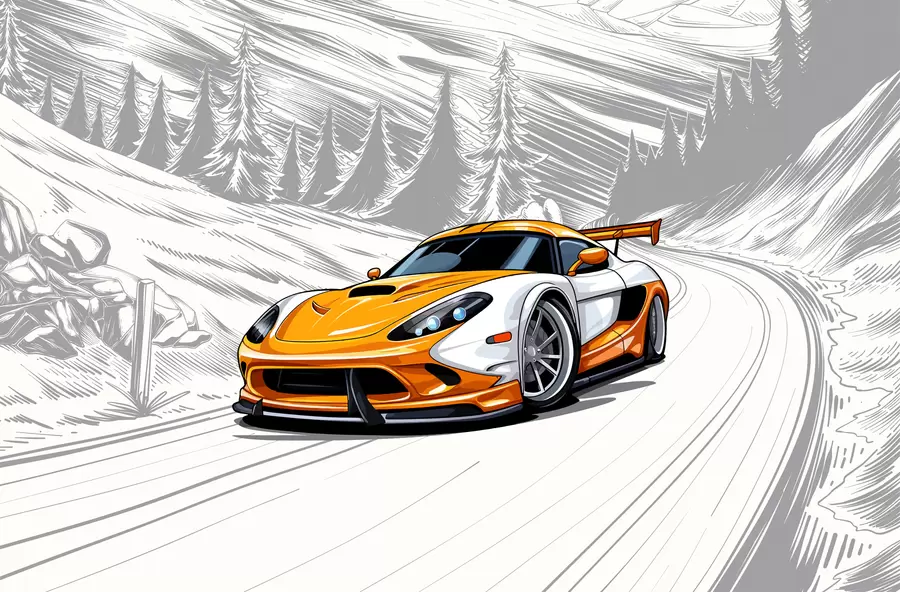 murales Un coche deportivo naranja sobre un fondo gris con una carretera llena de baches entre montañas y abetos. Para decorar la habitación de un niño w00954