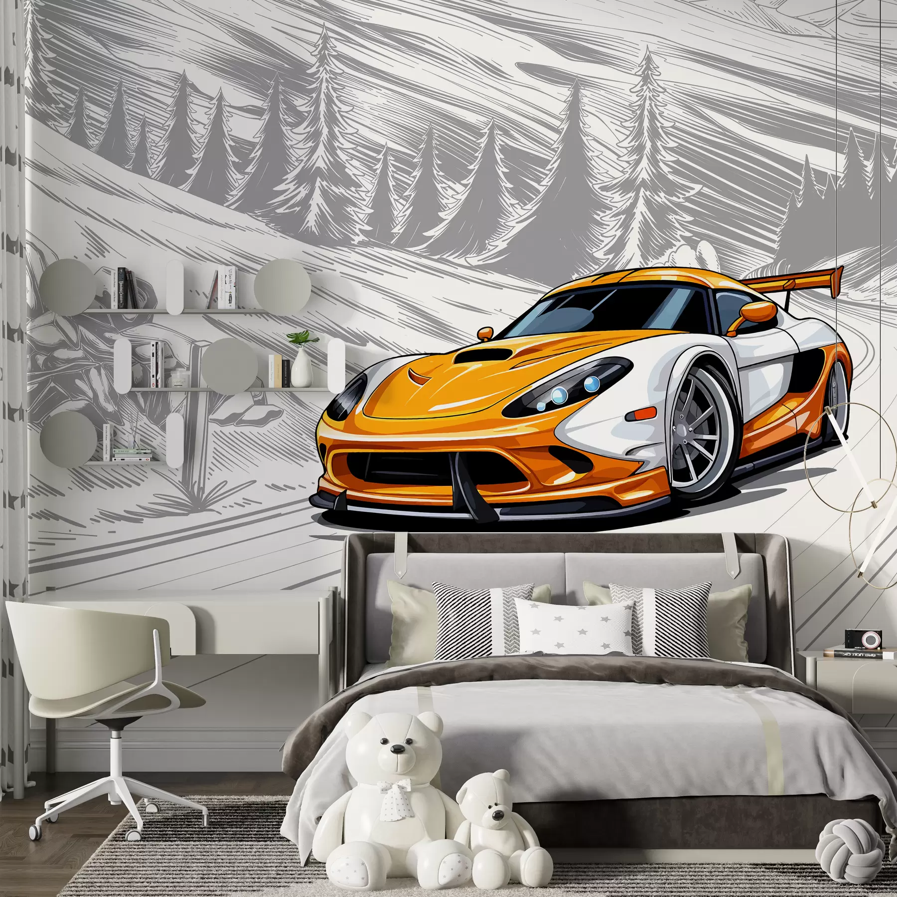 wall murals An orange sports car on a gray sketchy road background among mountains and fir trees. To decorate a boy's room w00954