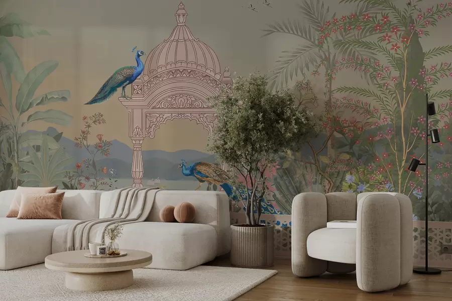Wall Mural Photo Wallpaper a wall mural with a panoramic view of the lake, a tropical garden with a gazebo and peacocks in delicate green and beige tones, with a textured canvas w00986