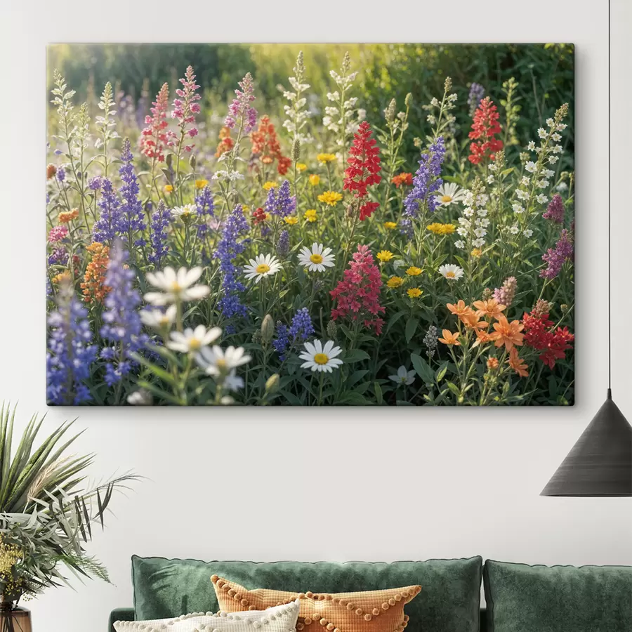 wall murals A colorful wildflower meadow with various blooming flowers including daisies, lavender, and red flowers s40390