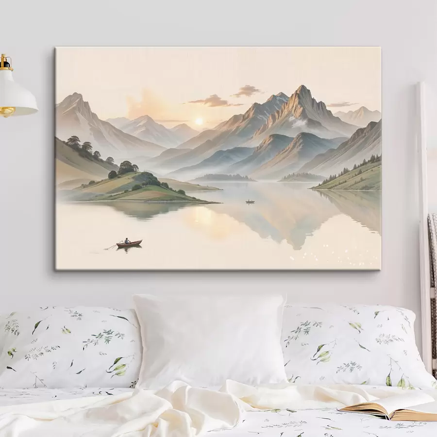 wall murals A serene landscape with a lake reflecting mountains in the background with a small boat on the calm water s40391