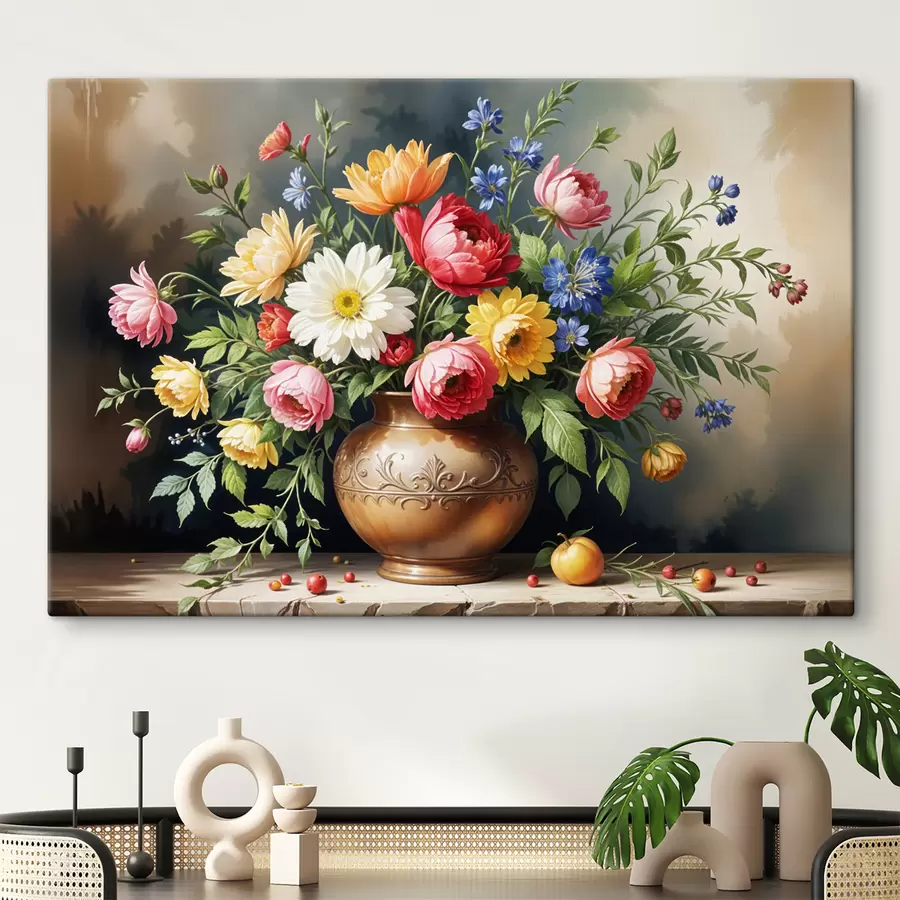 wall murals A vibrant painting of a bouquet of colorful flowers including red roses, yellow daffodils, and white daisies  s40395