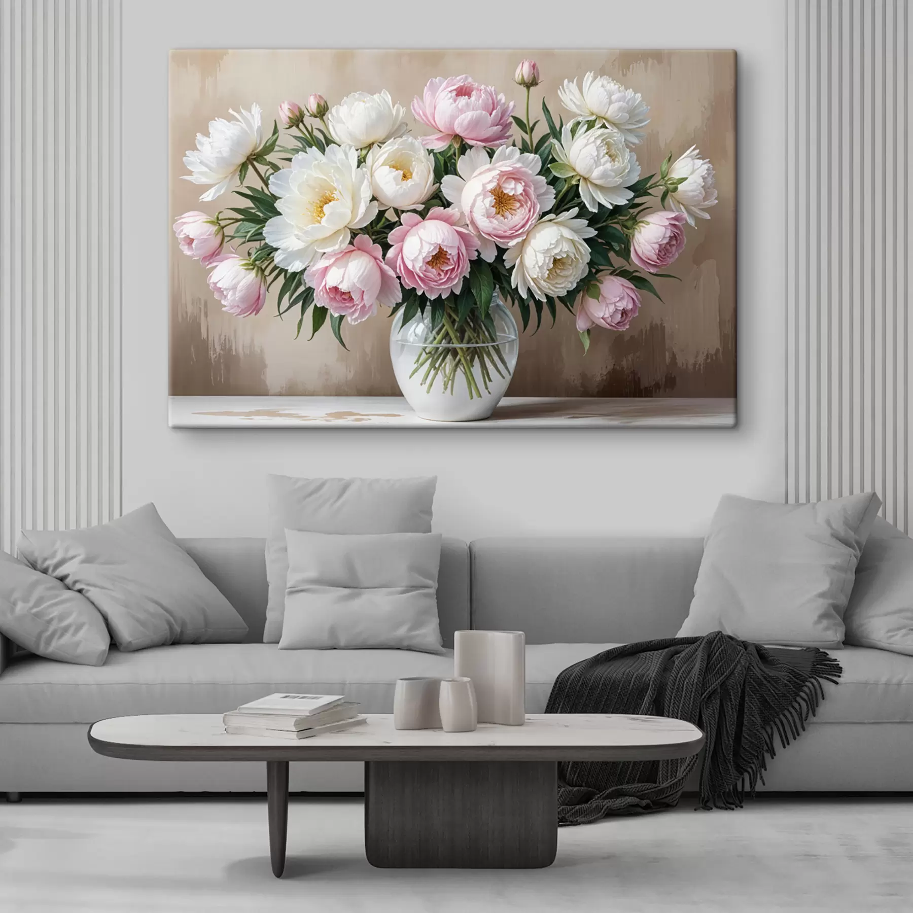 murales Un ramo de hermosas peonías rosas y blancas en un jarrón de vidrio, dispuestas sobre una superficie de madera s40398