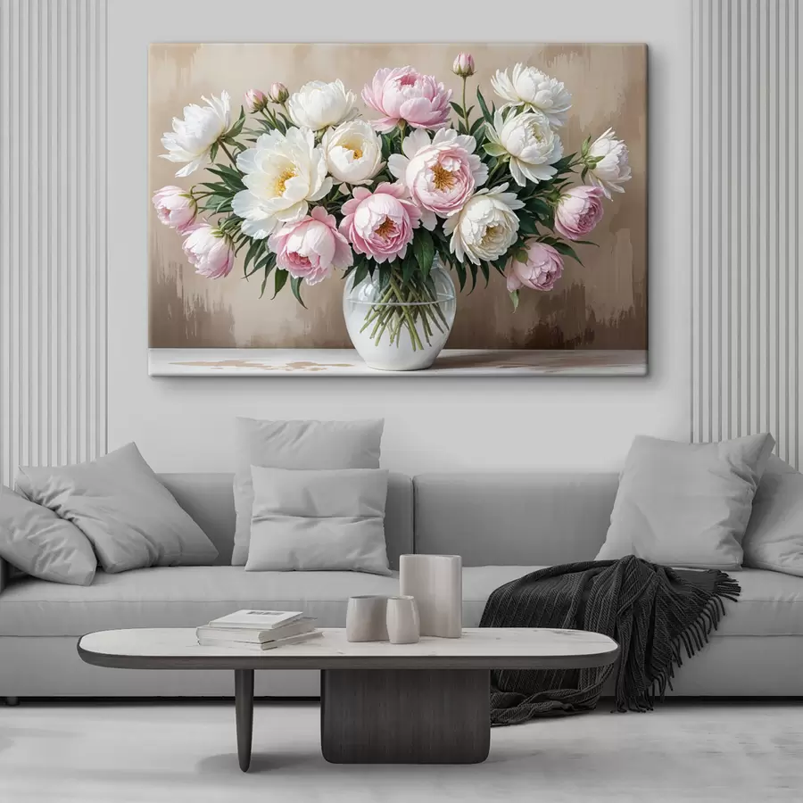 wall murals A bouquet of beautiful pink and white peonies in a glass vase, arranged on a wooden surface s40398