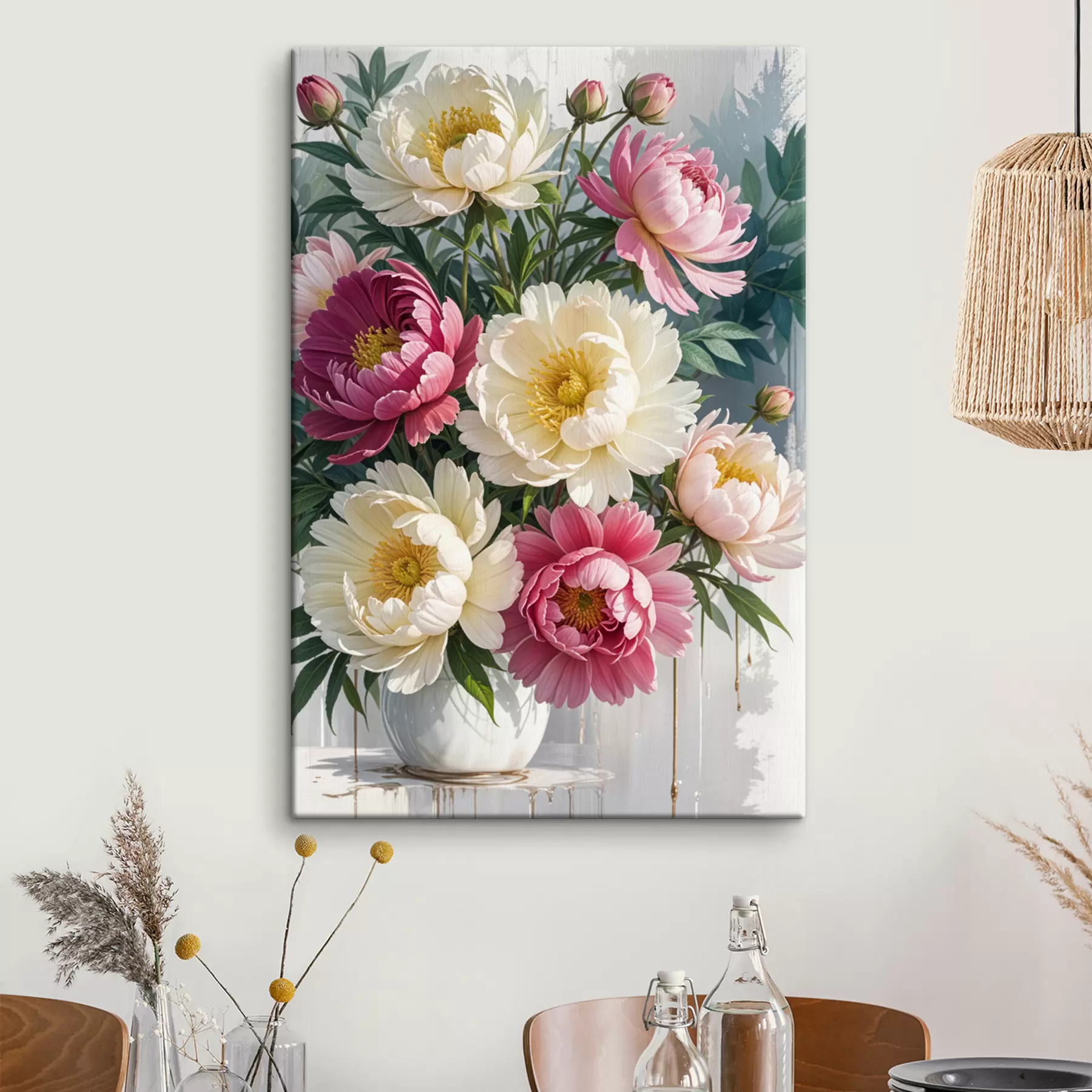 murales Un ramo de flores de peonía vibrantes en varios tonos de rosa, blanco y amarillo con salpicaduras de pintura s40403