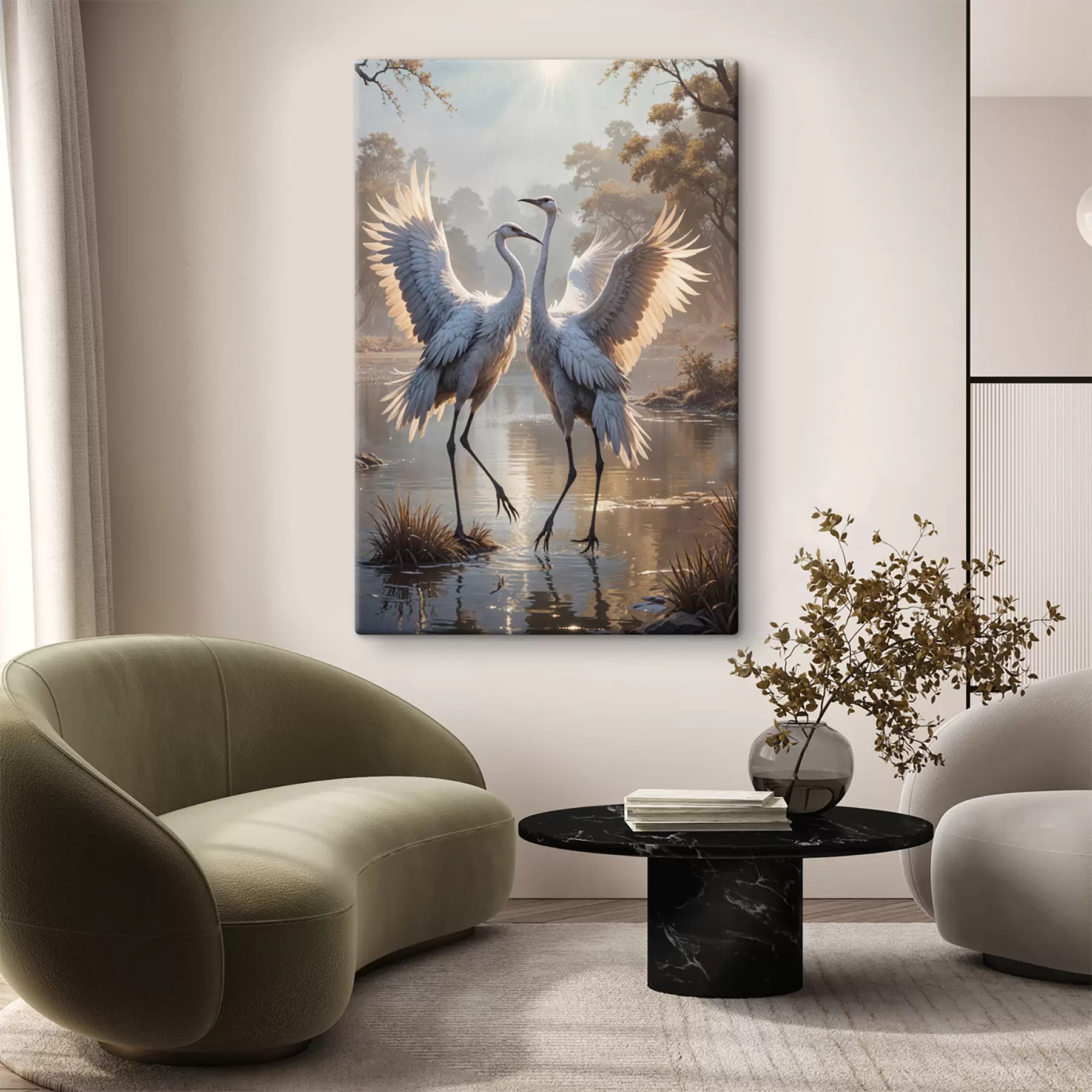 wall murals Two large grey cranes with long necks and wings spread standing in a misty lake surrounded by trees s40404