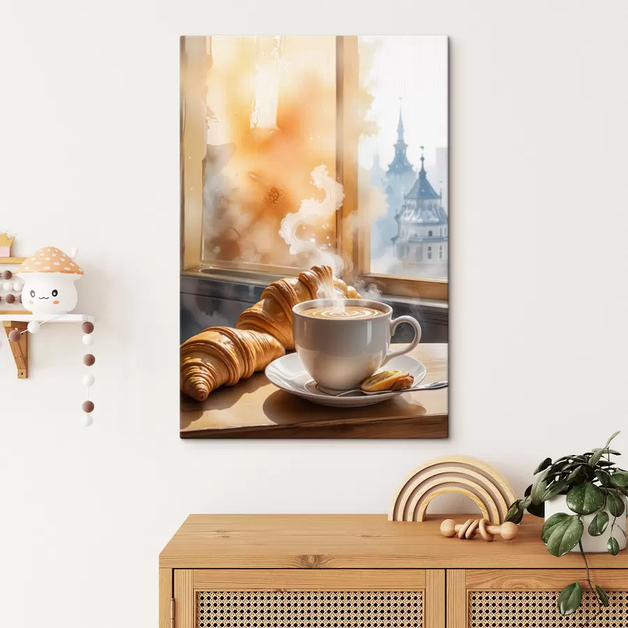 wall murals A warm cup of coffee with steam rising, placed on a table next to a croissant, with a view of a historic building  s40405
