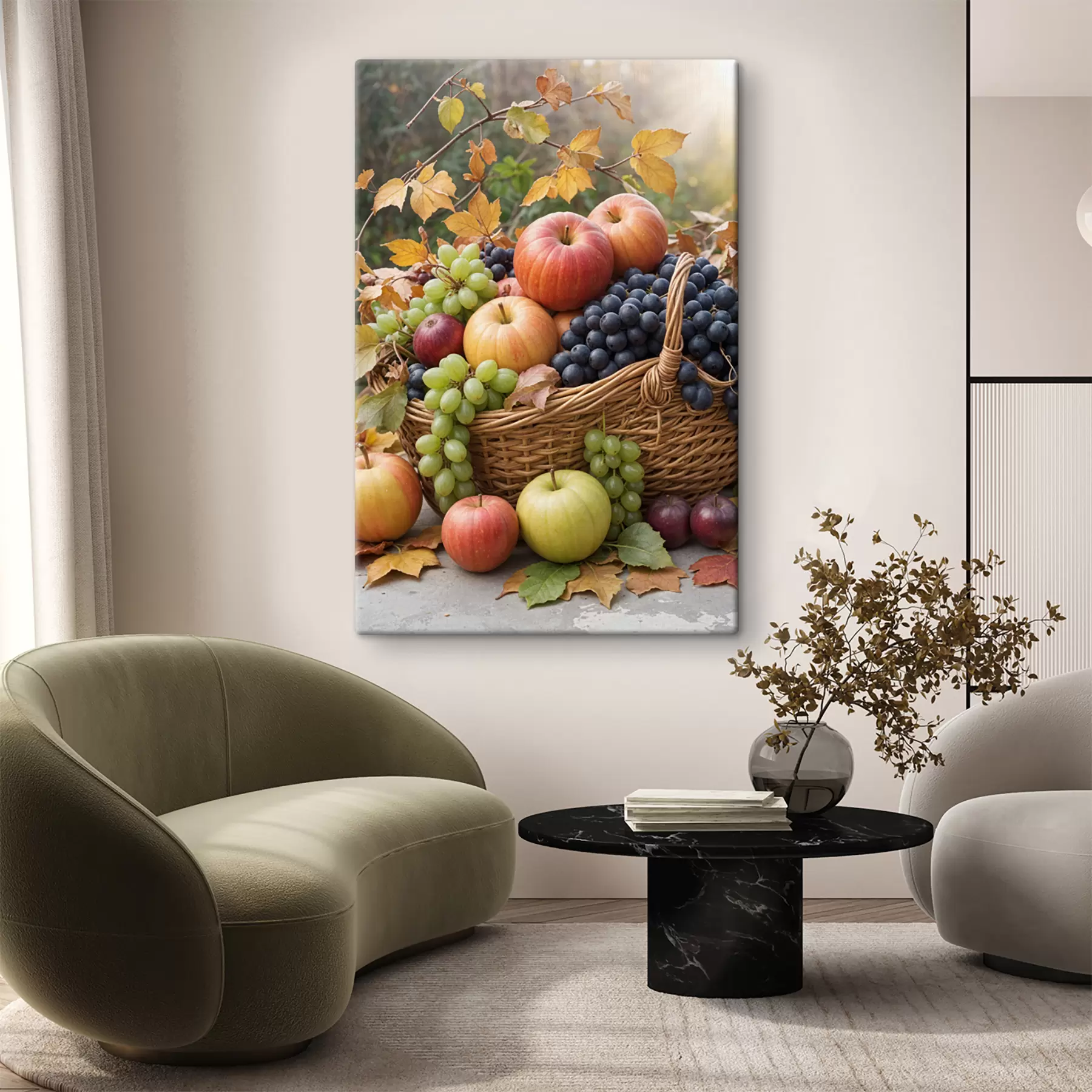 wall murals A basket filled with various autumn fruits including apples, grapes, and pears, surrounded by fallen leaves s40409