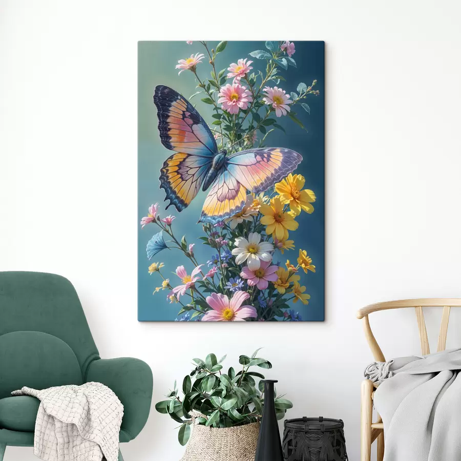 wall murals A large, colorful butterfly perched on a bouquet of pink and yellow flowers against a dark green background s40411