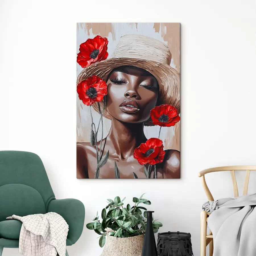 wall murals Portrait of a woman in a hat with red poppies s40350