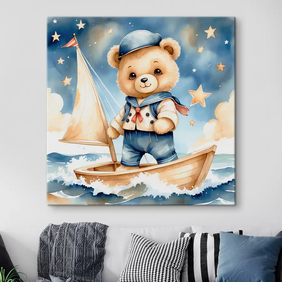 murales Lindo oso de acuarela en un bote con estrellas en el cielo s40429