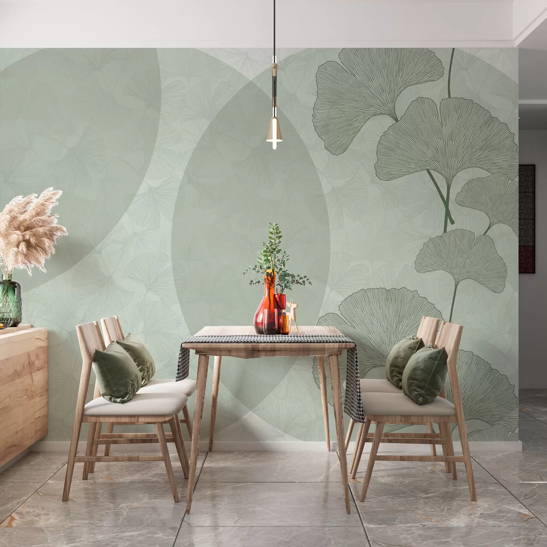 murais de parede Folhas grandes de ginkgo e geometria de cor verde w01465v2