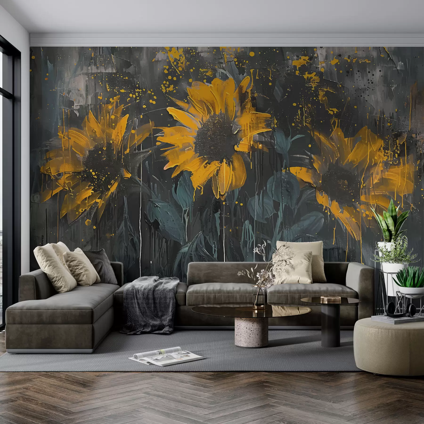 peintures murales Peinture abstraite de tournesols, fond gris foncé et tons jaunes w01480