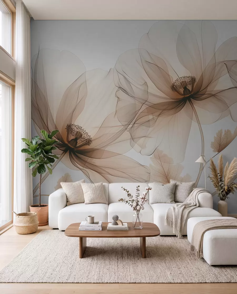 peintures murales Fleur transparente de style radiographique délicat sur fond blanc Design botanique monochrome minimaliste w01482
