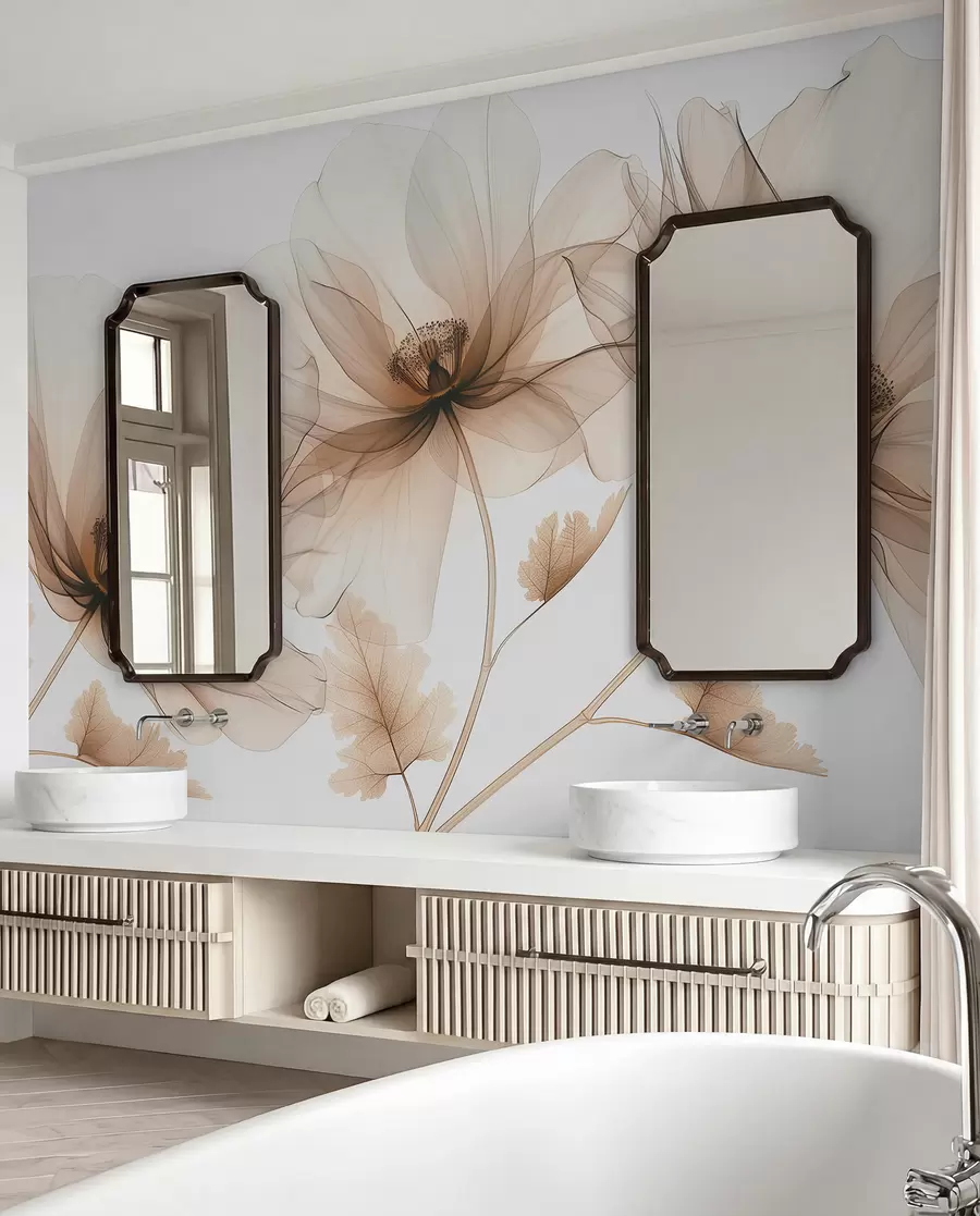 murales Delicada flor transparente estilo rayos X sobre fondo blanco Diseño botánico monocromático minimalista w01482