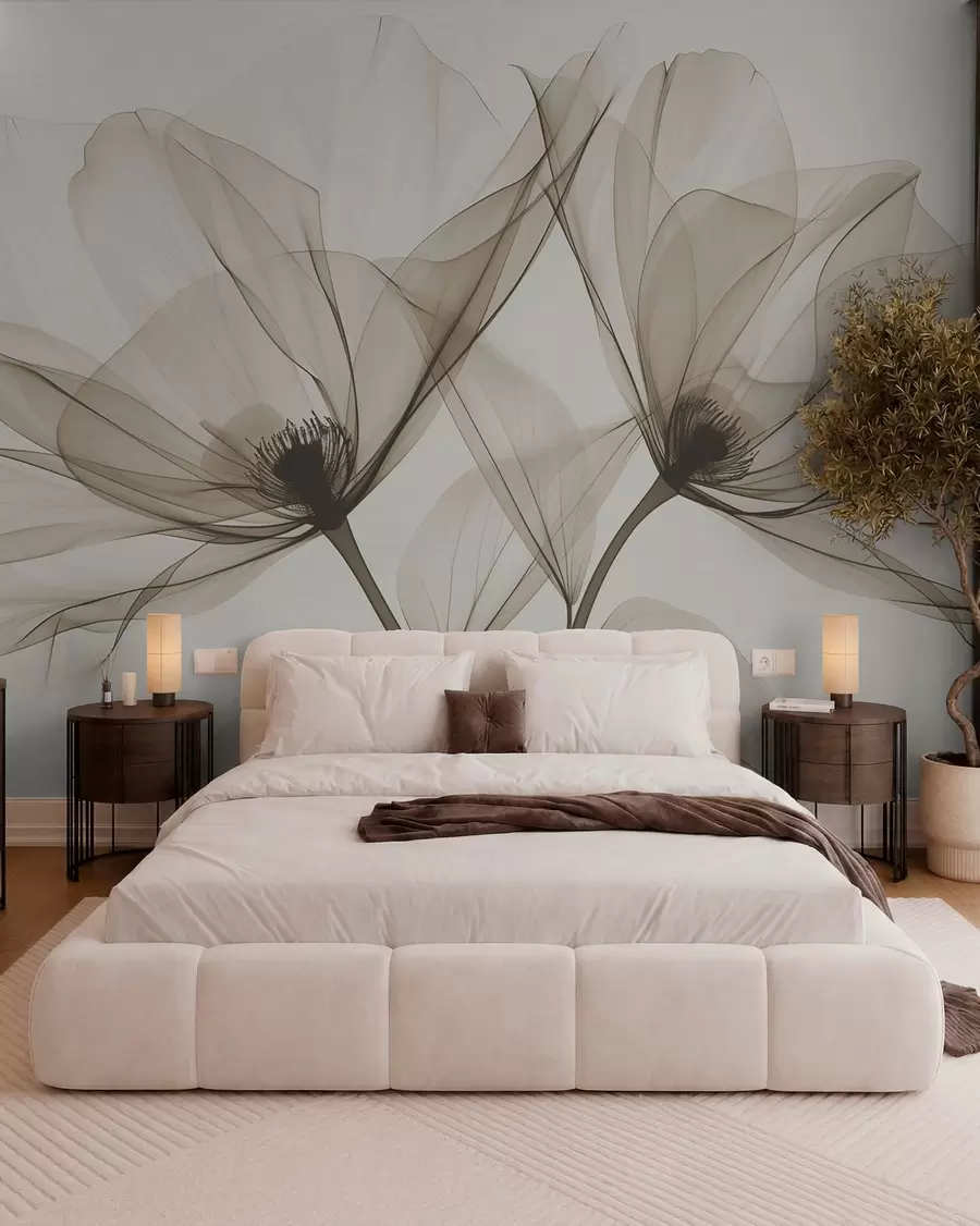 wall murals Blue transparent flower in X-ray style on white background Minimalistic monochrome botanical design w01482v1